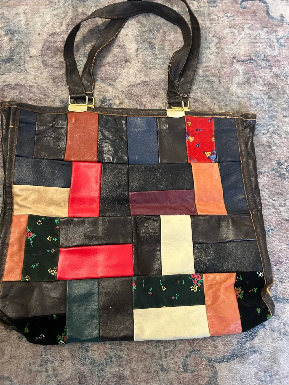 Vintage Made in Italy Patchwork Leather Tote Bag  70s for Sears multi color